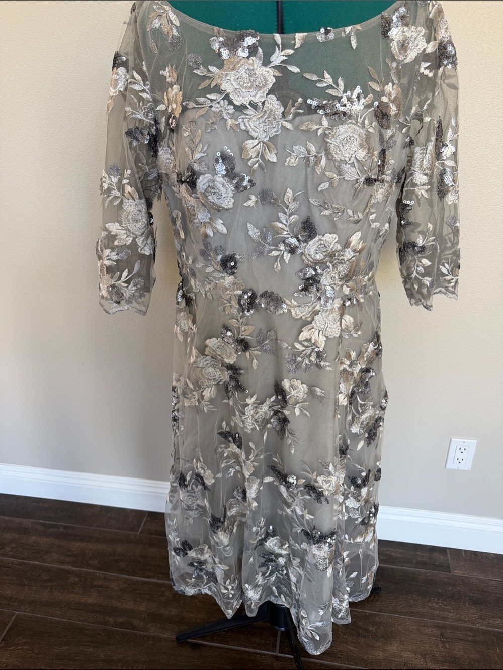 La Femme Embroidered Floral Illusion Midi Dress in Silver